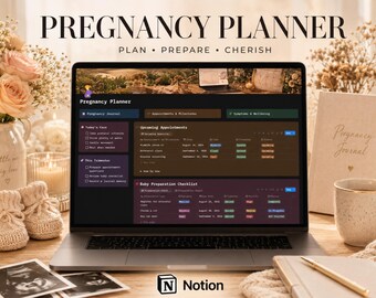 May include: A laptop screen displaying a digital pregnancy planner template with sections for a journal, appointments, milestones, symptoms, and a baby preparation checklist. The interface features dark-themed panels with text and organized tables.