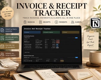 May include: A digital invoice and receipt tracker displayed on a laptop screen, featuring sections for invoices, payments, and clients. The screen shows a table with financial data, while the surrounding area includes a notepad, pen, and receipts.