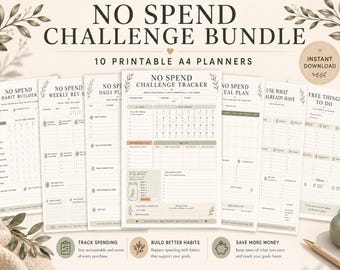 May include: A digital bundle of 10 printable A4 planners for a no spend challenge. The pages feature a neutral color palette with olive green and beige accents, including trackers for habits, daily plans, meal plans, and spending logs with text.