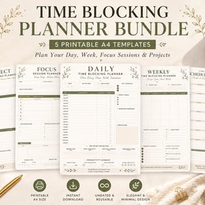 May include: A time blocking planner bundle featuring five printable A4 templates with olive green text and accents on a cream background. The sheets include sections for daily, weekly, project, focus session, and schedule builder planning tasks.
