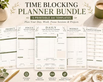 May include: A time blocking planner bundle featuring five printable A4 templates with olive green text and accents on a cream background. The sheets include sections for daily, weekly, project, focus session, and schedule builder planning tasks.