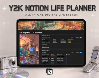 May include: A digital tablet displaying a Y2K Notion Life Planner interface with task and meal tracking tables. The screen features a retro-futuristic room graphic. A silver digital camera, a compact disc, and a silver flip phone are placed nearby.