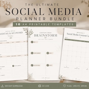 May include: A bundle of 10 A4 printable social media planner templates featuring a hashtag and keyword tracker, a content ideas brainstorm sheet, and a monthly social media content calendar, all with a neutral color palette and leaf accents.