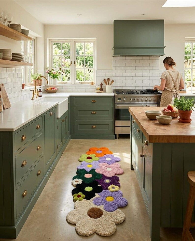 May include: A runner rug featuring a series of interconnected, multi-colored flower shapes in shades of orange, lime green, lavender, pink, dark green, black, and cream, each with a contrasting center, laid out on a kitchen floor.