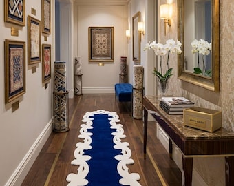 Navy Blue Ornate Runner Rug, Scalloped Border Hallway, Vintage Style Foyer Home Decor