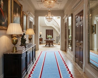 Hand-tufted Scalloped Runner Rug | Blue, Red, Cream Coastal Hallway Carpet