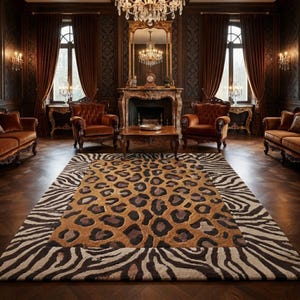 May include: A rectangular area rug featuring a central panel with a brown and black leopard print pattern, surrounded by a wide border with a black and white zebra stripe design, laid flat on a dark wooden floor in a formal room setting.