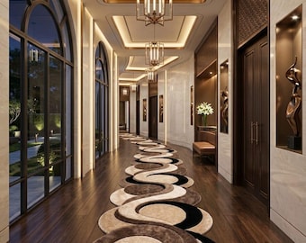 Hand Tufted Wool Runner Rug: Abstract Swirls, Brown, Beige, Black, Sculptural Circle Shape