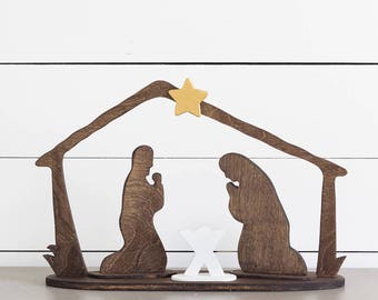 Modern Farmhouse Nativity Set/ Nativity Creche / Nativity Scene / Nativity Silhouette / Wood Manger Scene / Rustic Christmas Decor