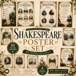 Puede incluir: Un conjunto de diez pósteres de color crema con las obras de William Shakespeare, incluyendo romances, comedias, tragedias y legado. Cada póster muestra ilustraciones de estilo vintage, citas literarias y títulos en texto verde oscuro y negro.