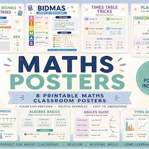 Matteposterspaket | 8 utskrivbara matematikposters för klassrummet | Repetitionsposters för matematik för KS2 och KS3 | Platsvärde och algebra för BIDMAS-bråk
