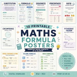 May include: A collection of 10 printable math formula posters featuring essential concepts like substitution, algebra, sequences, percentages, ratios, circumference, Pythagoras' theorem, speed, distance, time, volume, and area formulas with diagrams.