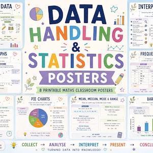 以下が含まれることがあります： Data Handling & Statistics Postersと題された8枚の教育用ポスターセット。ポスターには、データの種類、散布図、折れ線グラフ、円グラフ、度数分布表、棒グラフを説明するカラフルなテキスト、図、グラフが記載されています。