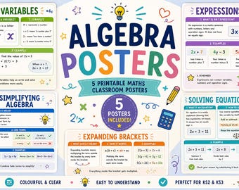 May include: A set of five educational algebra posters featuring colourful text and graphics. The posters cover topics including variables, expressions, simplifying algebra, expanding brackets, and solving equations with clear maths examples and icons.
