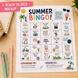 Könnte beinhalten: Ein farbenfrohes "Summer Bingo" Spielblatt mit verschiedenen sommerlichen Aktivitäten. Das Blatt enthält Illustrationen und Textaufforderungen für Aktivitäten wie "Schwimmen gehen", "Picknick machen" und "Ein Abenteuer erleben."