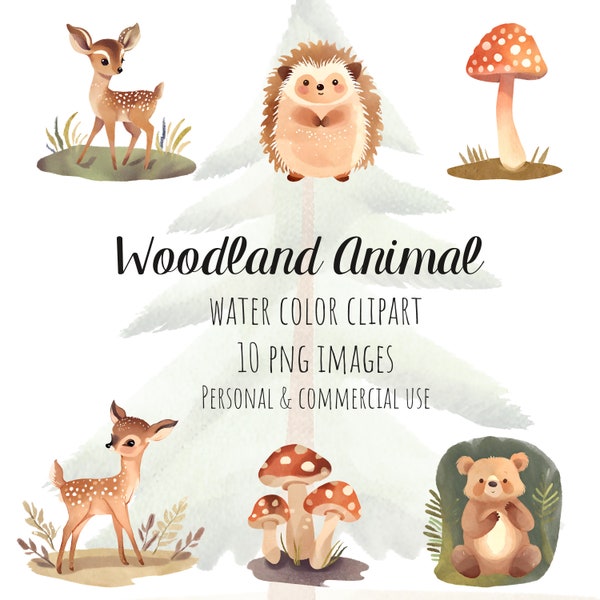 Woodland Animal Clipart, Woodland Clipart, Watercolor Forest Clipart, Mushroom Clipart, Woodland Baby Shower Clipart, Forest Animal Clipart
