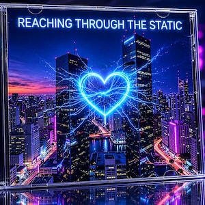 May include: A clear plastic CD jewel case featuring the text REACHING THROUGH THE STATIC. The cover art displays a glowing blue electric heart shape centered between two dark skyscrapers against a vibrant purple and orange sunset city skyline.