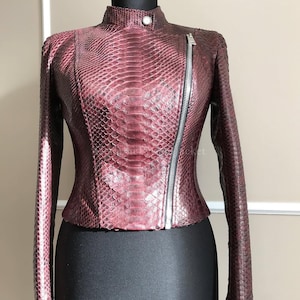 May include: A burgundy snakeskin-textured jacket featuring a high collar with a single snap button closure, long sleeves, and an asymmetrical silver-toned metal zip that runs diagonally from the waist to the upper chest area.