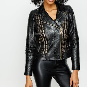 Veste en python véritable | Blouson moto femme | Type de cuir unique