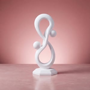 May include: A matte white sculpture featuring two abstract figures with spherical heads connected by a continuous, flowing, intertwined form that creates an infinity-like shape, all mounted on a solid, flat, octagonal base.