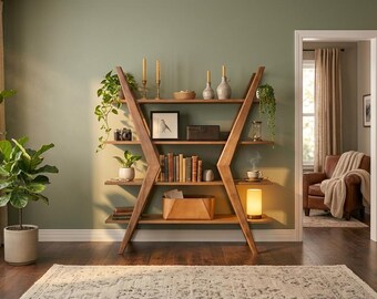 Libreria moderna in legno, scaffale geometrico, libreria in noce, scaffali minimalisti per riporre oggetti, decorazione per la stanza, mobili fatti a mano