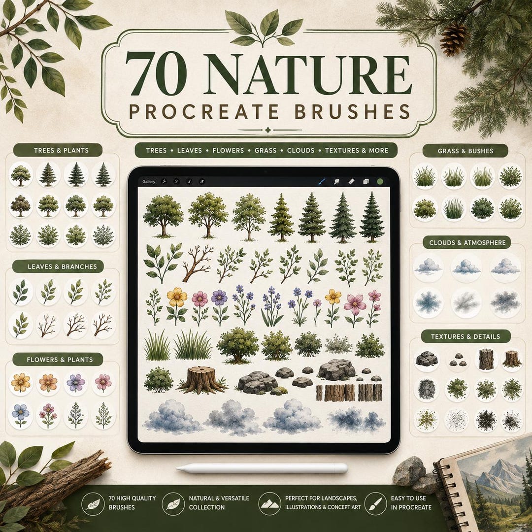 70 Nature Procreate Brushes Bundle – Botanical Leaves, Trees, Grass ...