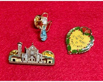 Vintage Christian Enamel Pin Lot Sandman Designs Church Crystal Angel Christmas