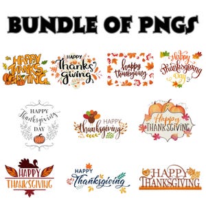 Può includere: Una collezione digitale di undici design grafici a tema Ringraziamento con il testo "HAPPY THANKSGIVING" o "HAPPY THANKSGIVING DAY" in vari caratteri, decorati con illustrazioni di zucche, foglie autunnali e tacchini.