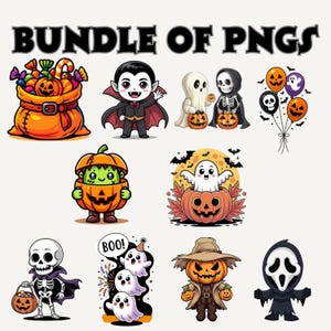 Può includere: Una collezione digitale di illustrazioni a tema Halloween etichettata come BUNDLE OF PNGS. Il set presenta un sacco arancione pieno di caramelle, un vampiro, un fantasma, uno scheletro, palloncini, un personaggio zucca e varie figure spettrali.