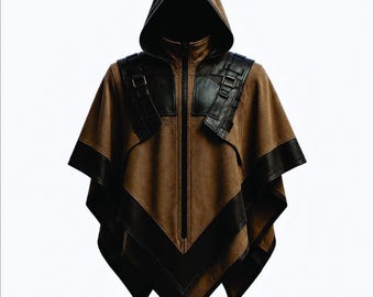 Uniseks leren poncho met capuchon – bruinzwarte Assassin-mantel, cyberpunk-cape, handgemaakte tactische outfit, aangepast formaat S-2XL