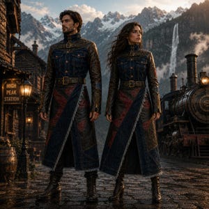 May include: Two individuals wearing matching long coats featuring dark blue denim bodices with button closures, brown leather sleeves, and wrap-style skirts with frayed edges. The coats include high collars with buckled straps and belts at the waist.