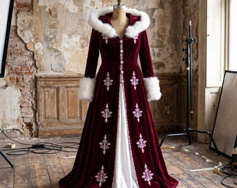 Burgundy Gothic Cloak with White Fur Trim, Victorian Medieval Cape, Embroidered Renaissance LARP Costume Winter Coat
