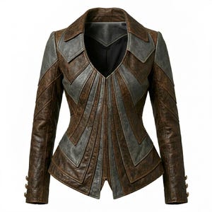 May include: A fitted jacket featuring a distressed brown and charcoal gray color-blocked pattern with a chevron-inspired design. The garment has a deep V-neckline, long sleeves with three buttons at each cuff, and a structured, flared hemline.