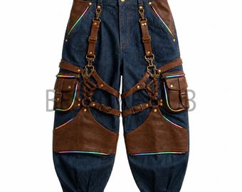 Pantaloni cargo unisex in denim e pelle, pantaloni utility cyberpunk riflettenti