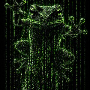 Matrix Groda väggkonsttryck, neongrön cybergrodaposter, digitalt djurkonstverk, mörk estetisk dekor
