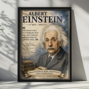 May include: A framed poster featuring a portrait of Albert Einstein with the text "Albert Einstein 1879-1955", "We cannot solve our problems with the same thinking we used when we created them", "E=mc2", and "Imagination is more important than knowledge."