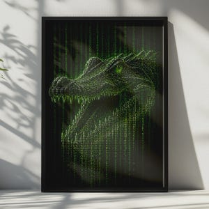 Poster med binär kod från krokodil, väggkonst med grön matris och reptil (digitalt tryck)