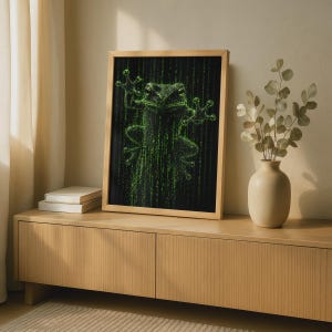 Matrix Frog Poster, Green Binary Code Tree Frog Wall Art, Cyber Neon Glow Print