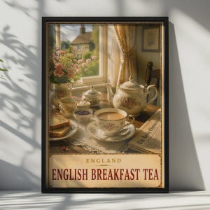 以下が含まれることがあります： English Breakfast Teaと題された額入りアートプリント。花柄のティーポット、ティーカップ、シュガーボウル、花瓶、トーストが並ぶテーブルが描かれています。窓からの景色とEngland English Breakfast Teaという文字が含まれています。