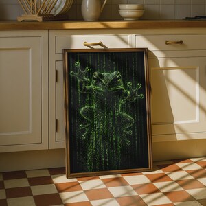 Matrix Frog Poster, Green Binary Code Tree Frog Wall Art, Cyber Neon Glow Print
