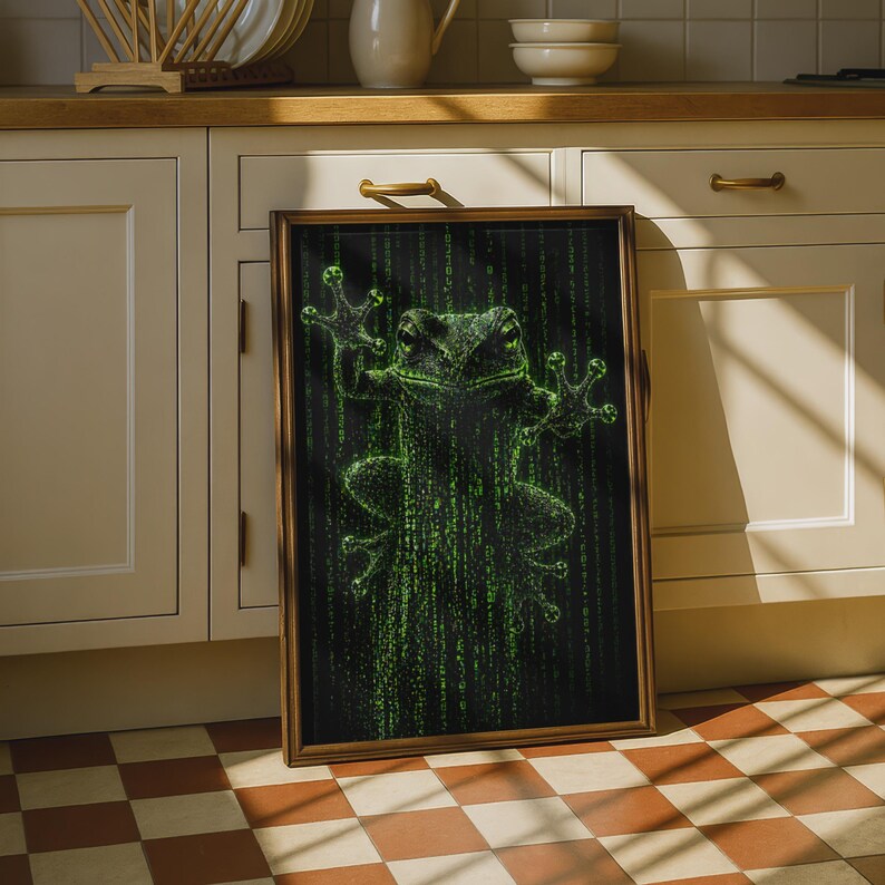 Matrix Frog Poster, Green Binary Code Tree Frog Wall Art, Cyber Neon Glow Print