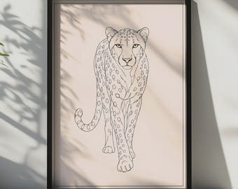 Cheetah Line Art Poster, Minimalist Wild Cat Wall Art, Blush Pink Animal Print, Safari