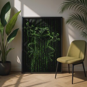Matrix Frog Poster, Green Binary Code Tree Frog Wall Art, Cyber Neon Glow Print