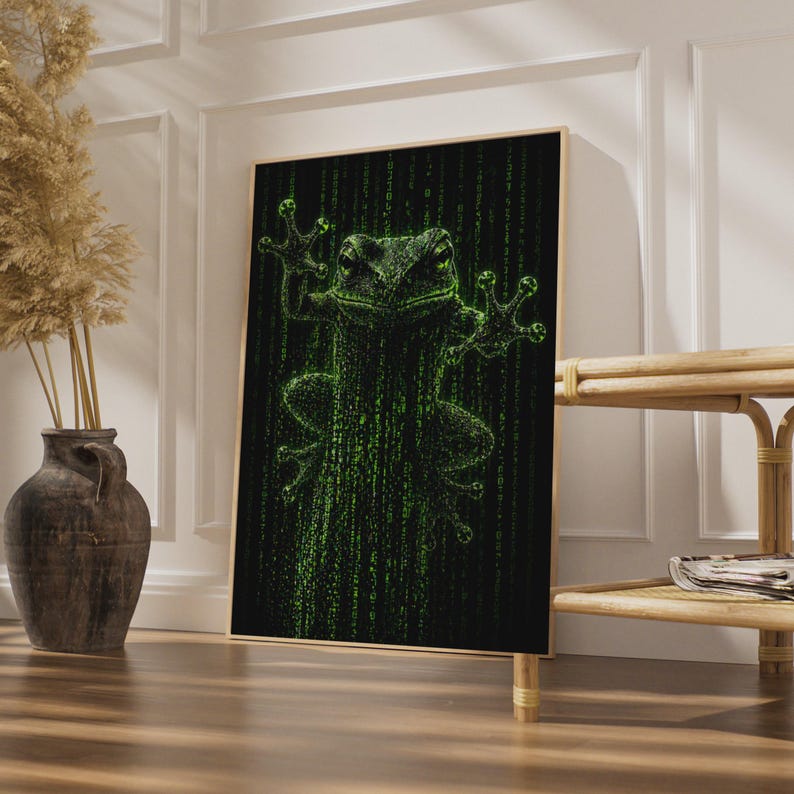 Matrix Frog Poster, Green Binary Code Tree Frog Wall Art, Cyber Neon Glow Print