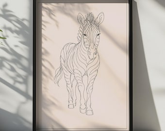 Zebra Line Art Poster, Minimalist Animal Wall Art, Blush Pink African Wildlife Print
