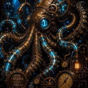 Peut inclure: Illustration de style steampunk d'un poulpe mécanique en laiton et cuivre. Le poulpe présente des accents bleus lumineux, des jauges et le texte "DEPTH 4520 m" et "PRESSURE 452 ATM".