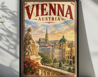 Könnte beinhalten: Ein gerahmtes Reiseplakat mit dem Text VIENNA AUSTRIA oben. Das Bild zeigt eine steinerne Statue einer Figur mit einem Kind, die über eine Stadtsilhouette mit einer Kathedrale und einem Kuppelgebäude unter einem Sonnenuntergangshimmel blickt.