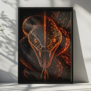 May include: A framed wall art print featuring a split-face snake. The left side shows a realistic black snake with textured scales and a glowing orange eye. The right side displays a digital wireframe geometric pattern in vibrant orange.