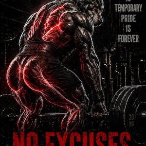 Könnte beinhalten: Digitales Kunstwerk, das eine wolfsähnliche Figur beim Heben einer Langhantel zeigt. Rote Energielinien heben die Muskeln hervor. Der Text lautet: "PAIN IS TEMPORARY PRIDE IS FOREVER" und "NO EXCUSES - YOU VS YOU."