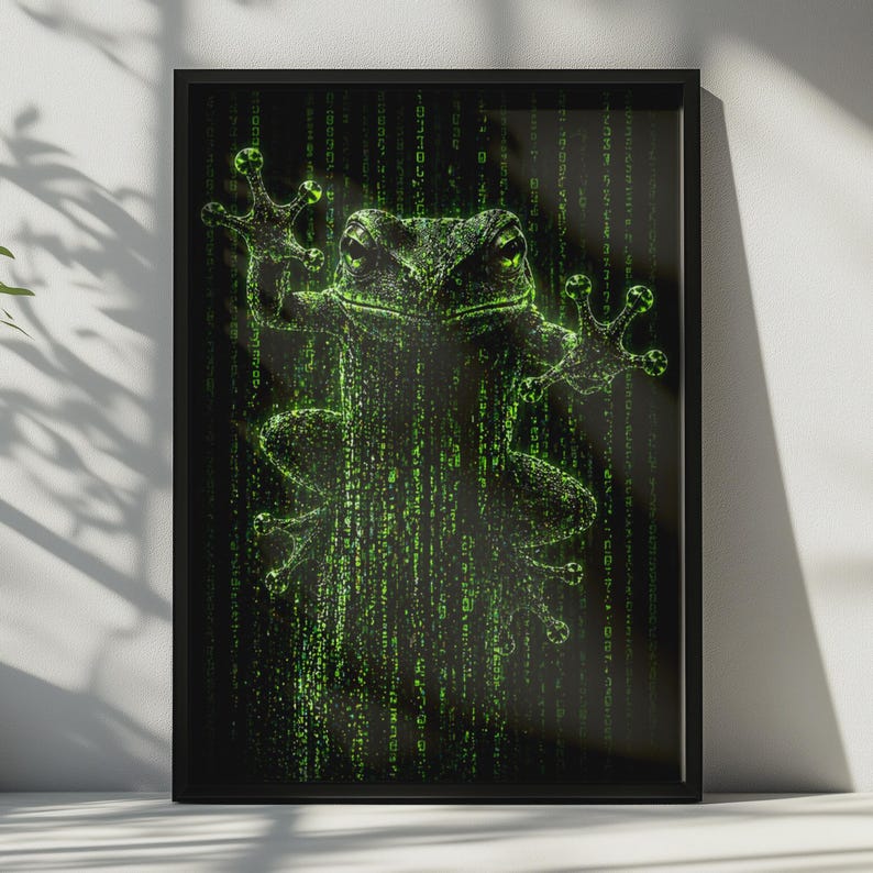 Matrix Frog Poster, Green Binary Code Tree Frog Wall Art, Cyber Neon Glow Print
